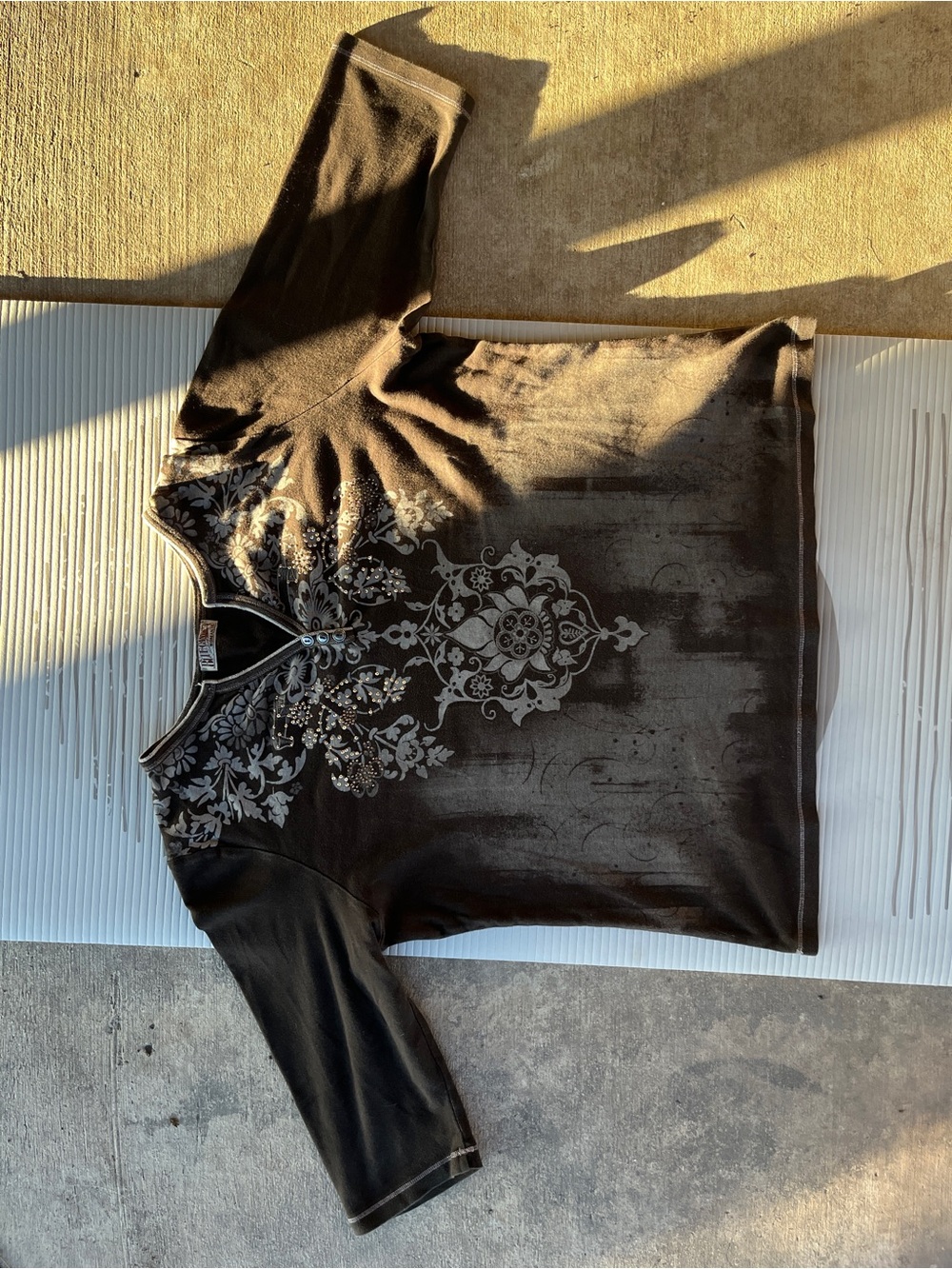 Brown Floral Embellished Henley Long Sleeve Top